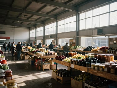 Wide-angle view of a covered food market interior at opening hour, stalls arranged in rows, morning light slanting through high windows onto wooden tables with jars and produce, no customers yet, calm and factual