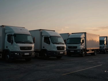 Wide-angle cinematic shot of multiple dry van trucks parked at a busy logistics hub at dawn, gritty overcast weather, deep charcoal and amber tones, high contrast, 35mm