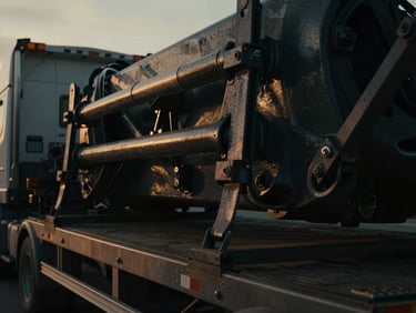 Close-up of a step deck trailer loaded with heavy machinery, industrial tie-downs visible, dramatic low-key lighting, gritty overcast weather, deep charcoal and amber tones, high contrast, 35mm cinematic commercial photography