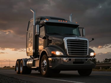 Low-angle heroic shot of the front grille of a heavy-duty Class 8 truck, clean and polished, on an open highway under a dramatic low-key sky, cinematic commercial photography, dramatic low-key lighting, deep charcoal and amber tones, high contrast, 35mm