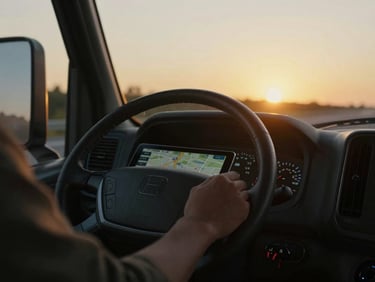 Close-up of a truck driver's hand on a steering wheel, looking at a tablet displaying a map and numbers, golden hour highway sun flare in background, cinematic commercial photography, dramatic low-key lighting, deep charcoal and amber tones, high contrast, 35mm