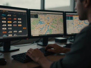 Close-up of a dispatcher's hands on a keyboard with multiple monitors in the background showing freight boards and maps, gritty overcast lighting, cinematic commercial photography, dramatic low-key lighting, deep charcoal and amber tones, high contrast, 35mm