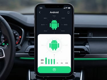 Clean vector UI wireframe of a high-contrast Android driving app interface, dark theme with electric mint-green accents, technical schematics