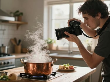 A creative director holding a professional camera, directing a food shoot in a sunlit rustic kitchen, soft natural light, steam rising from a copper pot.