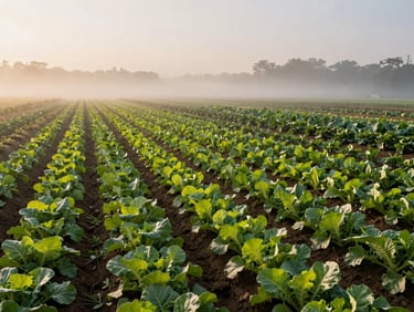 Wide panoramic view of an organic farm at sunrise, low morning mist rolling over neat rows of leafy greens, soft natural shadows.