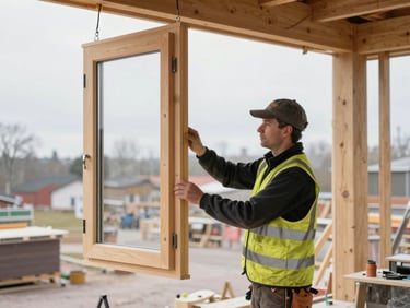 A carpenter in high-visibility safety gear measuring a wooden window frame on a Swedish construction site, crisp morning light