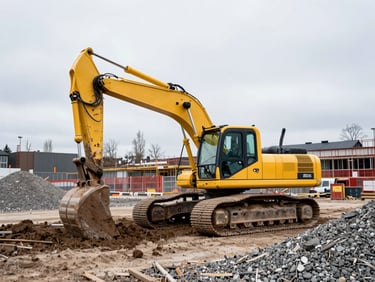 A yellow excavator digging dark soil on a Stockholm construction site, gravel piles and safety fencing in the background, overcast sky