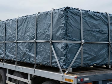 Close-up of industrial cargo securely strapped and tensioned on a flatbed transport vehicle, cool slate tones, overcast morning light, sharp focus