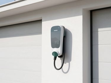 Modern EV charger installed neatly on a clean garage wall, architectural lighting, sharp focus, bright natural daylight.