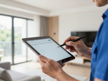 Close-up of an electrician's hands using a tablet to show a digital estimate to a homeowner, modern home interior, bright natural daylight.