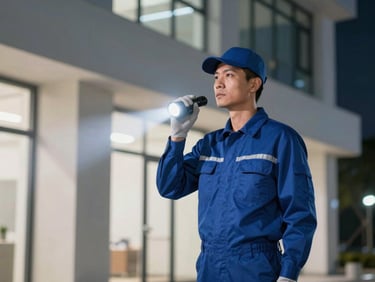 Electrician in clean uniform responding to an emergency call at night, holding a flashlight, professional and focused, crisp editorial photography.