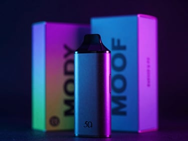 Moody close-up of sleek vape hardware and colorful flavor packaging under vibrant neon purple and cyan LED lights, dark atmospheric background, sharp macro focus, 35mm