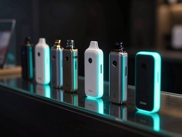 Sleek disposable vape devices aligned on a dark glass counter, glowing neon-cyan under-light, sharp focus