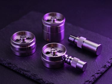 Clean metallic grinders and vape accessories arranged on a dark slate background, electric-purple accent light