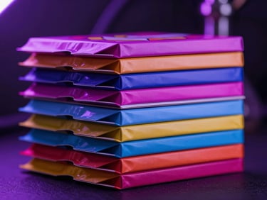 Colorful hookah flavor packaging stacked neatly under electric-purple LED lighting, sharp focus