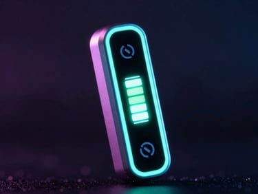 A futuristic vape device with a glowing digital battery indicator screen, neon-cyan highlights