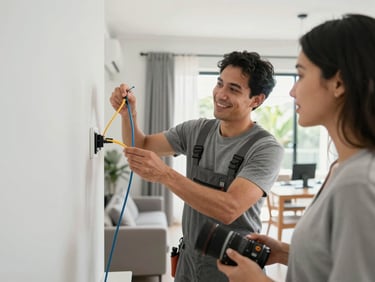 Professional COPANET technician installing a fiber optic cable neatly in a modern Mexican home, smiling and interacting with a homeowner, natural daylight, 35mm lens.
