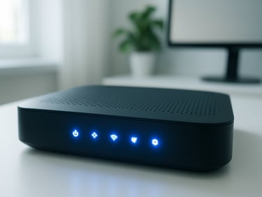 Close-up of a modern fiber optic router with glowing status lights on a clean white desk in a home office, natural daylight, cool tech accents.