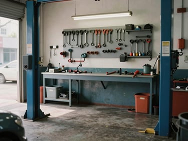 An empty mechanic's service bay with tools organized on a wall, natural desaturated daylight, highlighting a quiet business waiting for customers.