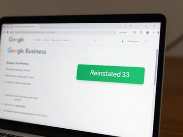 A clean, redacted screenshot of a Google Business Profile dashboard displaying a bright green 'Reinstated' status badge, natural lighting, high-trust interface.