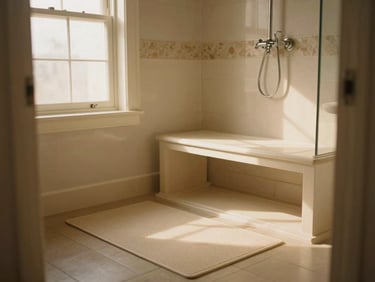 A warm, well-lit bathroom with non-slip mats and a subtle, elegant shower bench, soft natural light, shallow depth of field