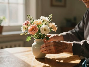 A senior's hands gently arranging fresh flowers in a ceramic vase on a sunlit table, warm morning light, shallow depth of field