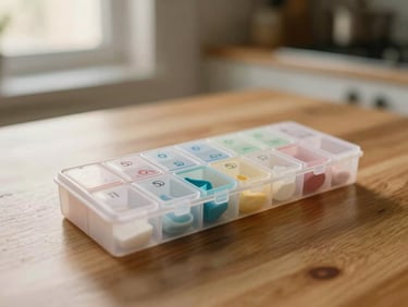 Close-up of a neat, organized medication organizer on a wooden kitchen table, soft morning light, shallow depth of field