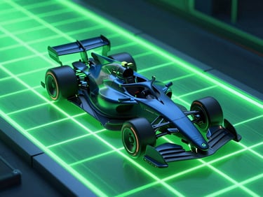 Sleek dark-mode 3d render of a futuristic sports car racing on a glowing green neon grid track, high-contrast cybernetic blue and green tones, macro lens depth of field, angled isometric view