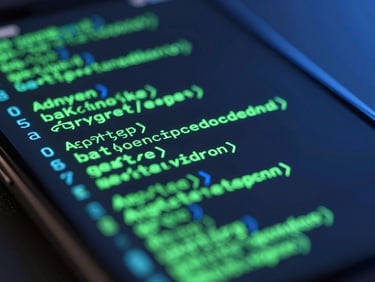Sleek dark-mode 3D render of an Android device screen showing glowing green code lines, neon emissive blue highlights, extreme close-up, macro depth of field