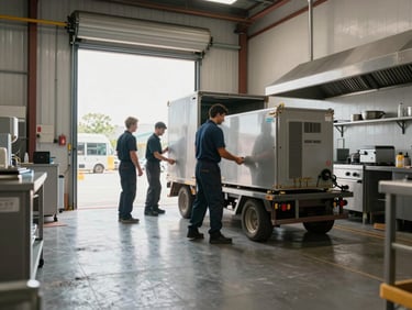 Wide environmental shot looking across a commercial kitchen floor, two technicians in the background loading a disconnected heavy appliance onto a sack truck near a loading bay door, available daylight through the bay door, industrial floor and wall tiles, no staging