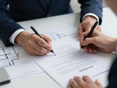 Close-up of a certified technical expert's (DRO) hands signing official technical dictamen documents, architectural blueprint details in background, cool corporate light.