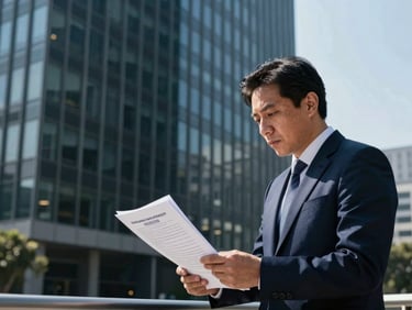 Professional in focused discussion, reviewing environmental regulations documents, modern CDMX corporate office background, cool daylight, high contrast.