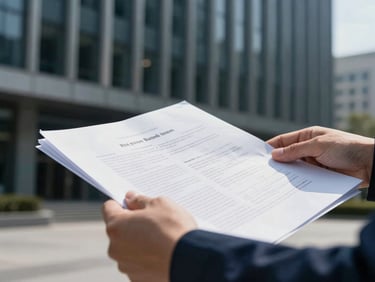 Tight close-up shot of hands reviewing official documents and blueprints, crisp corporate architectural background, cool daylight, high contrast, deep shadows.