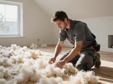 Professional installer in clean uniform insulating a modern attic floor with white mineral wool, soft natural daylight, high-end technical execution, 35mm photography