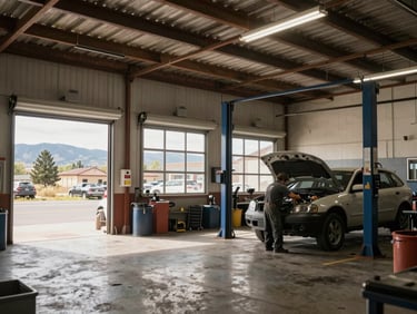 Wide shot of a local Colorado auto repair shop bay with roll-up doors open, natural daylight, mechanic working on a vehicle.