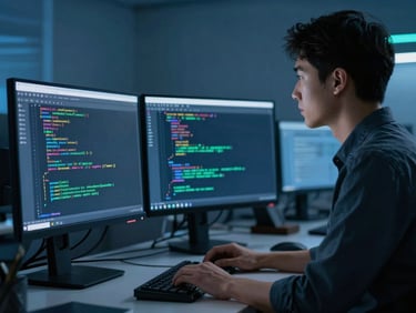 Professional developer analyzing lines of code on a high-contrast monitor in a dark, clean office environment, cool blue tones, 35mm