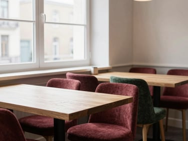 Cozy Scandinavian restaurant interior with soft natural window light hitting light oak tables and linen details