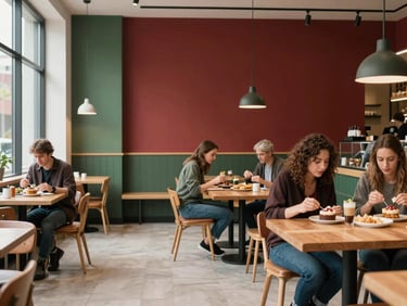 A modern food market hall with clean design, people enjoying craft food at wooden tables, soft natural light, 35mm