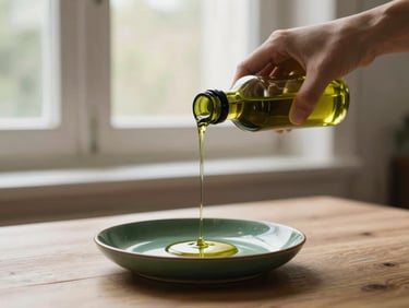 A hand pouring olive oil over a minimalist dish, soft natural window light, warm editorial photography, 35mm