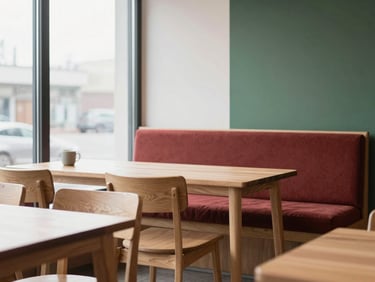 Cozy Scandinavian style restaurant interior with light wood furniture, large windows, soft natural daylight, minimalist design, 35mm