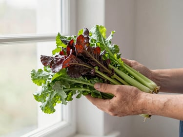 Hands of a local farmer holding freshly harvested green vegetables under soft natural morning light, clean composition, 35mm
