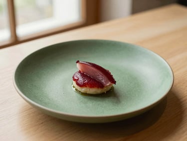 An elegant chef plating a minimalist dish in a contemporary restaurant with warm natural light, forest green ceramic plate, matte finishes, 35mm