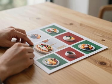 Hands planning a social media layout with printed food photos on a light oak table, natural morning light, 35mm