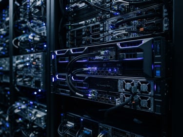 Macro shot of high-end server racks with sharp electric-indigo LED accent lights, cool blue and deep charcoal tones, high contrast, 35mm photography