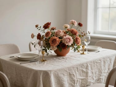 Close-up of a styled sweetheart table setup: layered ivory linen, a low floral centerpiece in terracotta and dusty rose, golden candleholders, soft diffused window light from the right, minimal and precise arrangement