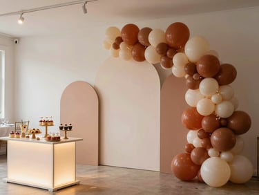 Wide environmental shot of the same event hall after a full PARTY COLORS installation — sculptural balloon arch in terracotta and cream, styled backdrop with layered panels, illuminated sweet table in the foreground, soft warm natural light, pristine pre-party stillness, every element intentional