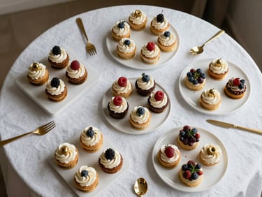 Overhead editorial shot of a styled sweet table with curated desserts, gold accents, and minimal props on white linen, even natural light, no clutter