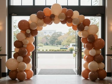 Wide shot of an elegant balloon arch installation in terracotta and sand tones framing an event entrance, pristine empty venue, soft daylight from high windows