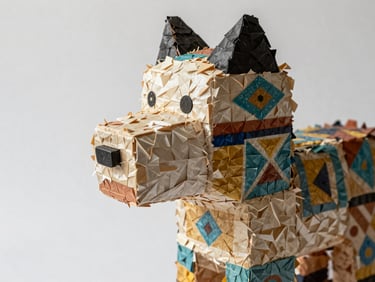 Close-up of a custom sculptural piñata with hand-painted geometric detail, soft natural side-light on textured surface, white studio background