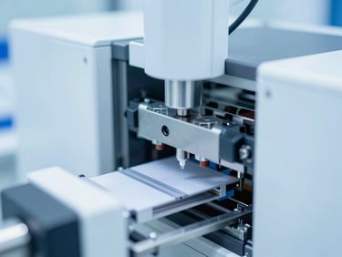 Close-up of a pharmaceutical automated packaging line, sterile clinical environment, cool blue and white tones, 35mm